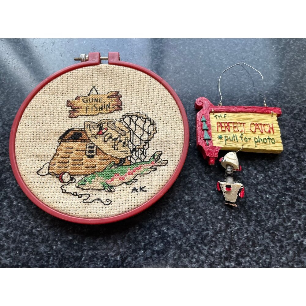 Vtg Cross Stitch "Gone Fish'n Handmade & "The Perfect Catch" Ornament
